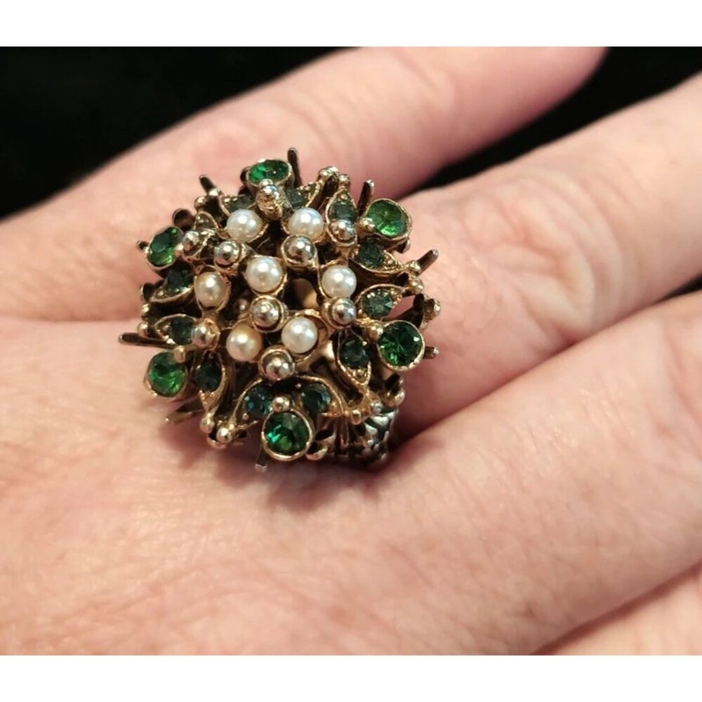 Vintage Signed Florenza Faux Seed Pearl Emerald Green Rhinestone Adjustable Ring